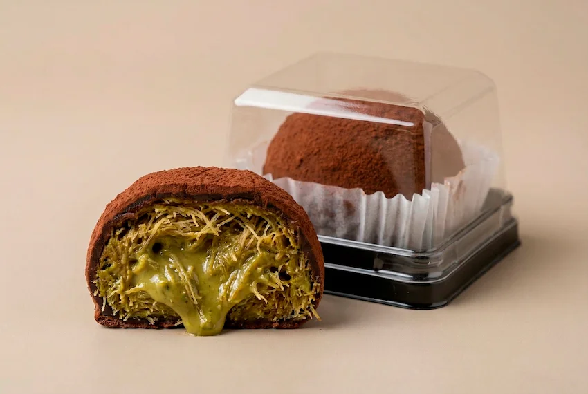 카다이프와 피스타치오 스프레드가 가득 찬 두바이 초콜릿 스타일의 디저트 단면과 포장된 모습