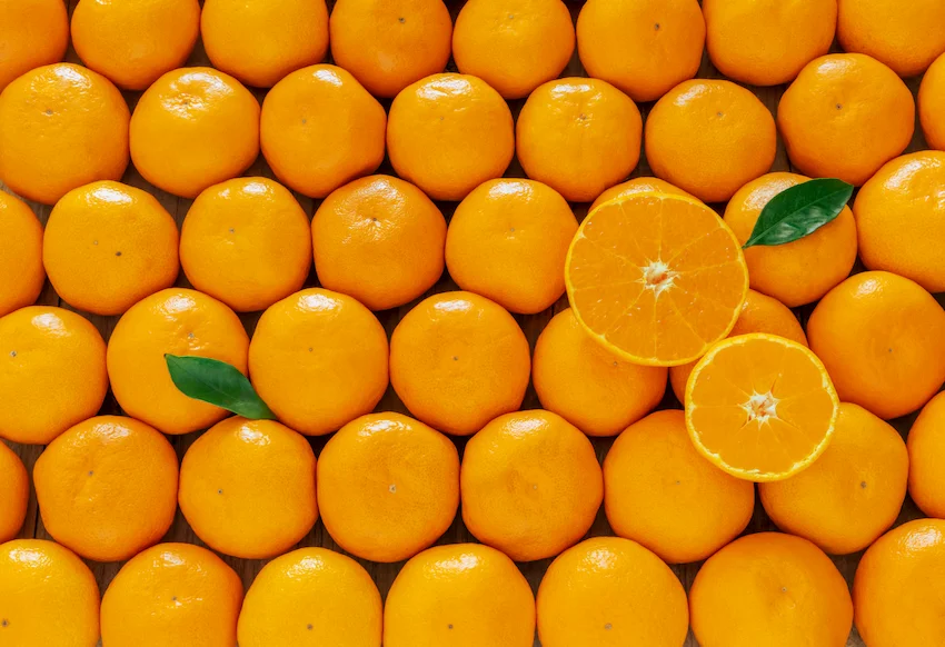 화면을 가득 채운 주황색 천혜향들이 질서 있게 나열되어 있고 그중 두 조각이 반으로 잘려 단면을 보여주는 클로즈업 사진