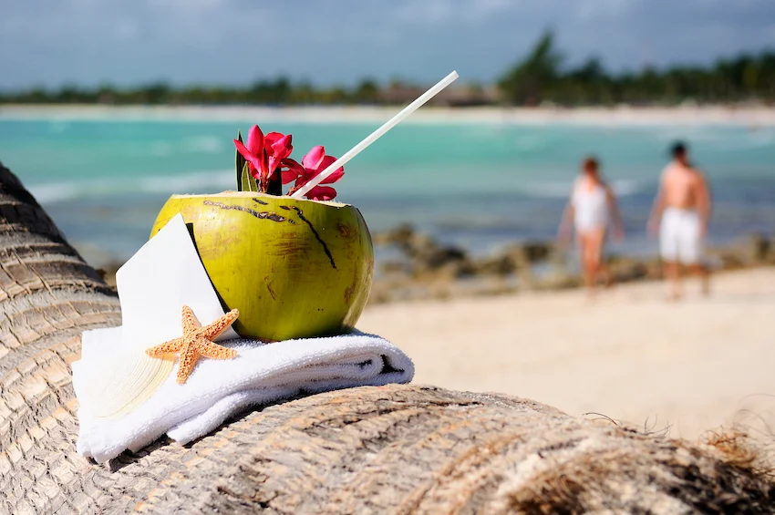 얼음과 허브를 곁들인 투명하고 시원한 코코넛 워터 한 잔과 옆에 놓인 코코넛 조각