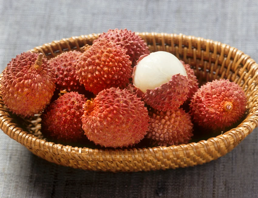 갈색바구니 위에, 붉은 껍질을 벗겨내어 반투명하고 뽀얀 속살이 드러난 리치 단면과 먹기 좋게 손질된 리치 조각들의 정갈한 모습