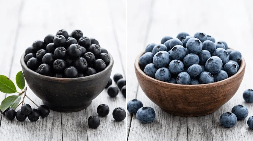 아로니아 블루베리, 왼쪽 갈색 그릇에는 짙은 검은색의 아로니아 열매가, 오른쪽 갈색 그릇에는 흰 가루가 살짝 덮인 푸른색 블루베리가 담겨 대조를 이루는 사진