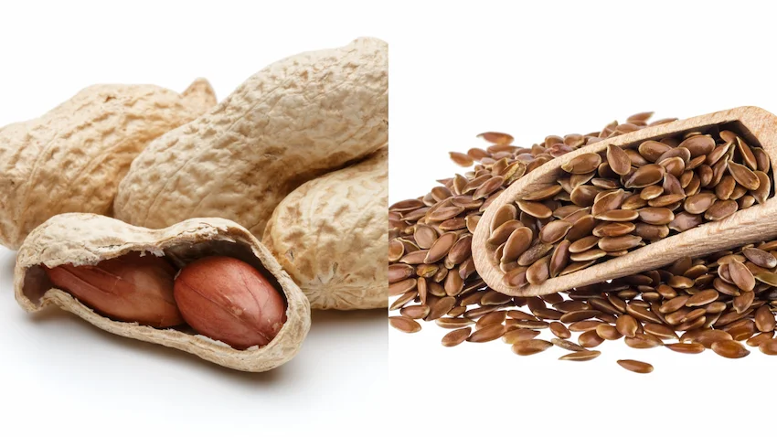 땅콩 아마씨, 좌우로 배치된 견과류 비교 사진. 왼쪽에는 거친 겉껍질이 열려 붉은 속껍질을 입은 땅콩 알맹이들이 드러나 있고, 오른쪽에는 작은 나무 스쿠프에 갈색 아마씨 알맹이들이 가득 담겨 있으며 그 주변으로 아마씨들이 흩뿌려져 있는 모습